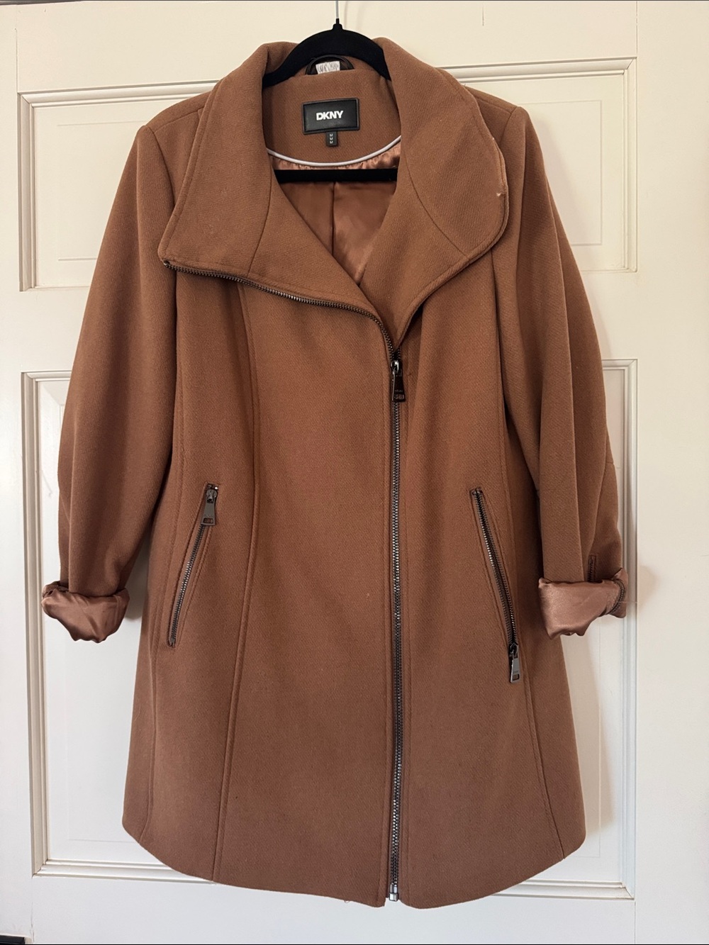 DKNY Camel Brown Asymmetric Zip Pea Coat